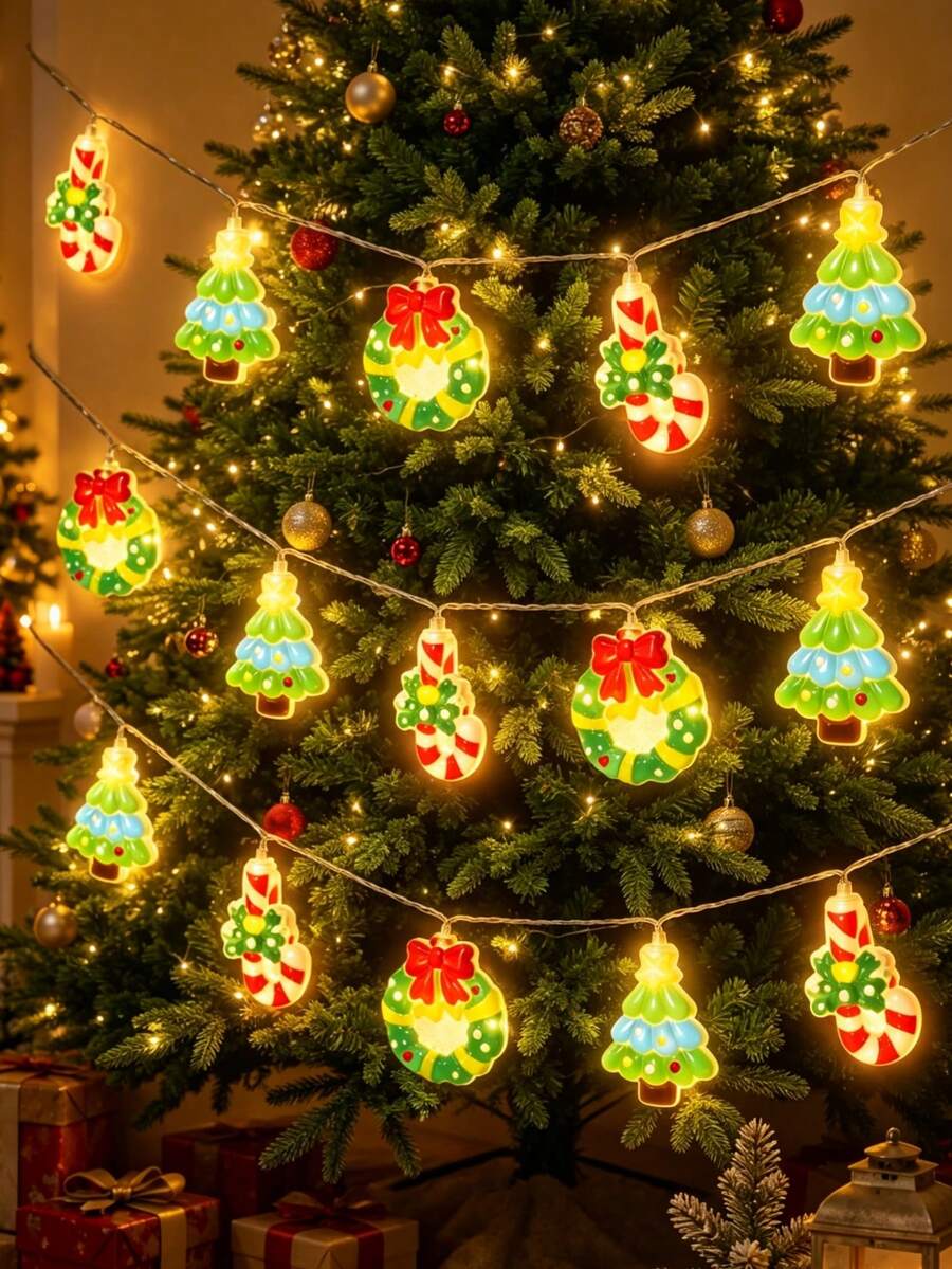 1pc Christmas Mixed String Lights, Wreath, Christmas Tree, Candy Cane Design Decorative Lights, Suitable For Indoor Living Room, Bedroom, Fireplace, Christmas Tree Wrapping Lights, Christmas Party Atmosphere Lights - Mixed - View 1