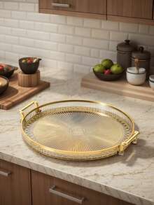 1pc Diamond Textured Double/Single Layer Tray With Handle, Modern Dual-Handle Tray, For Home - Gold - View 10