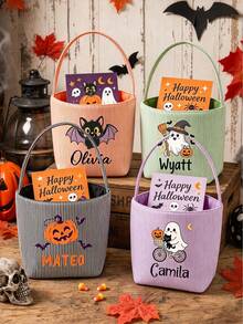 Customized Embroidered Name Halloween Trick Or Treat Bag, Cute Ghost & Pumpkin Pattern Halloween Party Candy Basket Gift - Multicolor - View 2