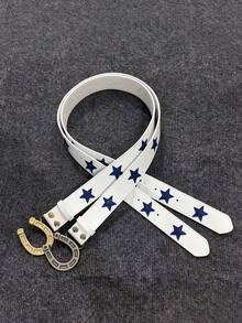 1pc Horseshoe Buckle Belt Y2K Star Blue & White Color Block Leather Belt Waist Accessory Premium Look - White - View 2