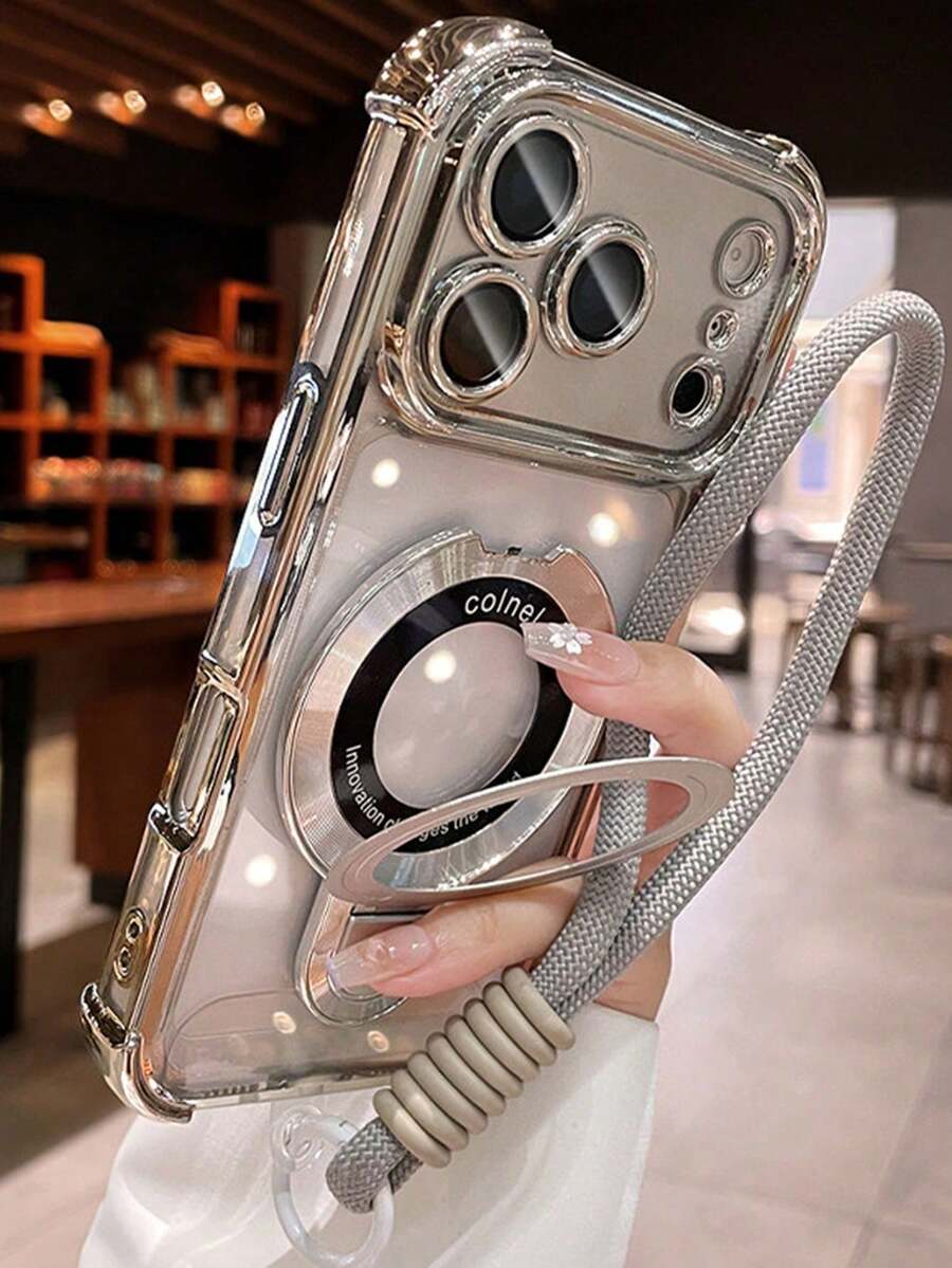 奢華電鍍透明磁吸環支架無線充電手機殼，附短繩腕帶，相容 iPhone 17 Pro Max 17 Pro 17 16 Pro Max 16 Pro 16 15 Pro Max 15 Pro 14 Pro Max 14 Pro 14 13 Pro Max 13 Pro 13 12 Pro Max 11 保護殼