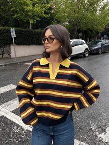 Y2K 學院風條紋女款復古長袖修身針織上衣，拼色休閒約會穿搭，學院風羅紋收腰套頭衫女裝 - 棕色拼黃色 - 查看 3