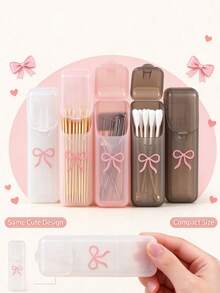 Cute Bow Pattern Portable Toothpick And Swab Storage Box - Dust-Proof Design With Lid, Easy To Access, Prevents Dust Contamination, Versatile For Storing Toothpicks, Swabs, Dental Sticks, Stud Earrings, Hair Ties And Various Small Items - Multicolor - View 5