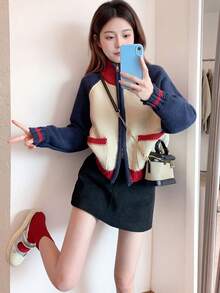 Alicedudu Áo len cardigan cổ đứng phối màu phong cách đại học cổ điển dành cho nữ, Thu/Đông - Nhiều màu - Xem 6