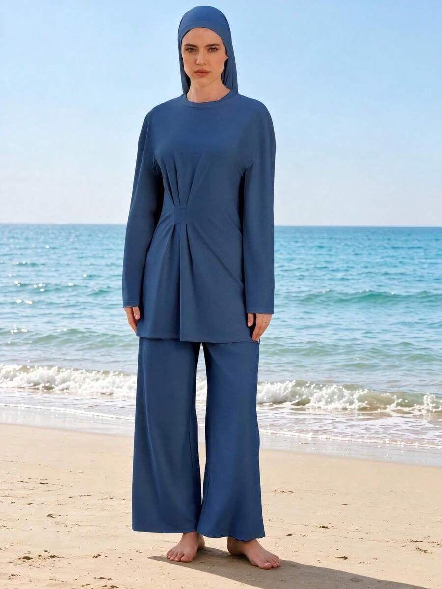 VFJ 女款休閒黑色高彈力圓領布基尼上衣搭配高腰泳褲，保守款海灘裝，適合夏季度假