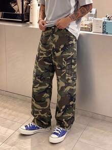 Streetwear Camouflage Multi-Pocket Cargo Pants For Men, 3D Large Pockets, Frayed Hem, Loose Straight Leg Long Pants, Outdoor American Style - Army Green - View 3