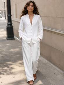Women's White Non-Stretch 2 Pieces Casual Formal Wide Leg Pants Set, Suitable For Home Leisure, Travel And Vacation - White - View 5