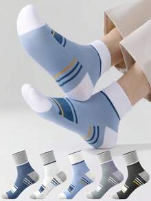 5 Pairs Men's Contrast Color Striped Mid-Calf Socks, Spring/Autumn Breathable Sweat-Absorbing Sports Socks, High Elasticity Wear-Resistant Versatile Men's Socks Set - Multicolor - View 7