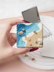 1PC Vintage Ocean Series Portable Vanity Mirror, Foldable Lightweight Ultra-Thin Convenient Hand Mirror, PU Leather, Suitable For All Scenarios And All People, Foldable Small Square Mirror, Pocket Mirror, Classic Beach Shell Starfish Coconut Tree Printed Pattern Design, Exquisite Handheld 180° Flip Cover Multifunctional Mini Mirror - Multicolor - View 8