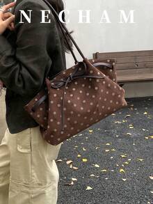 1pc Large Capacity Solid Color Premium Fashion Shoulder Casual Daily Tote Bag - Coffee Brown - View 3