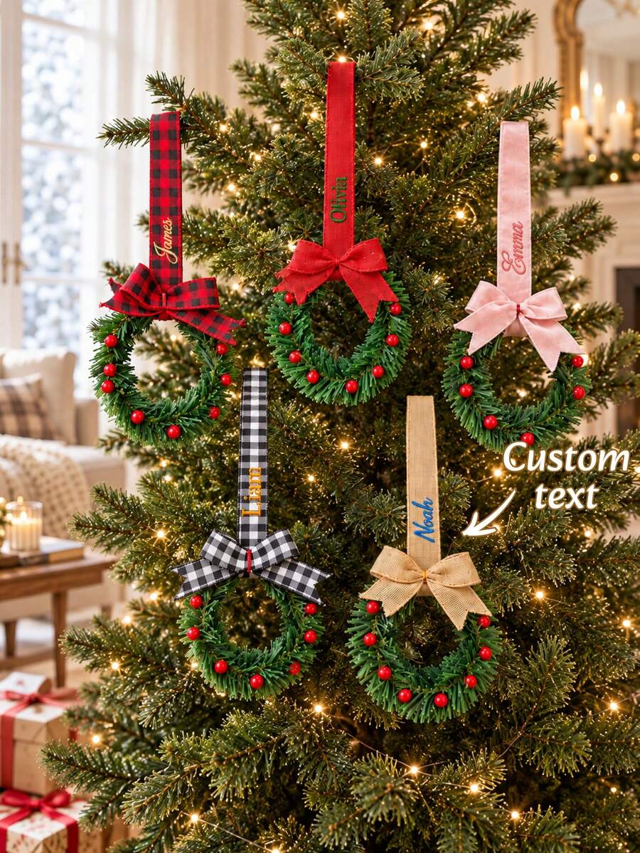 1pc Customized Embroidered Wreath Ribbon Hanging Ornament, Personalized Name Pendant With Bow And Berry Wreath Details, 5 Styles Available, Christmas Tree Home Decor, Ideal Holiday Gift For Family And Friends