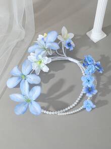 1pc Blue & White Lily Flower Ring Pearl Tassel Bouquet, Elegant Bridal Wedding Ceremony Photography Prop - Baby Blue - View 7