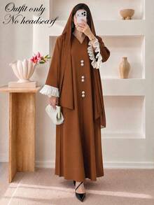 Women's Autumn Solid Color Conservative Long Dress, V-Neck Design, Contrast Color Ruffle Cuffs And Decorative Buttons, Casual Loose Long Dress, Suitable For Daily Wear And Parties - Brown - View 1