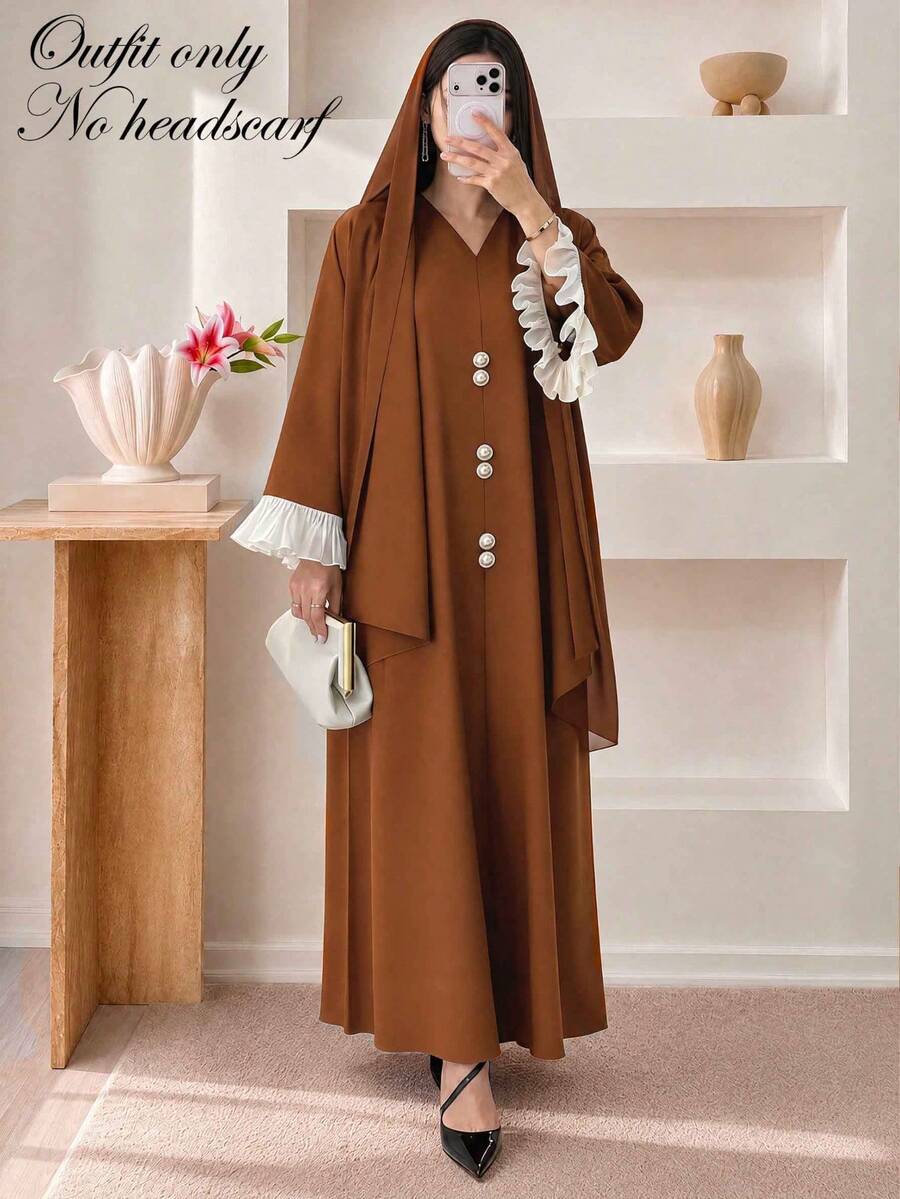 Women's Autumn Solid Color Conservative Long Dress, V-Neck Design, Contrast Color Ruffle Cuffs And Decorative Buttons, Casual Loose Long Dress, Suitable For Daily Wear And Parties - Brown - View 1