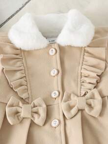 1pc Baby Girl Cute Plush Collar Thermal Lined Long Sleeve Wool Dress Thick Style Autumn/Winter - Apricot - View 4