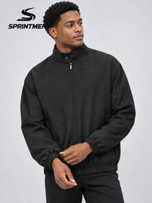 1pc Men's Black Stand Collar Zipper & Snap Button Drop Shoulder Loose Fit Elastic Cuff & Hem Solid Color Street Style Jacket, Suitable For Daily Commute, Outdoor Leisure, Travel - Black - View 2