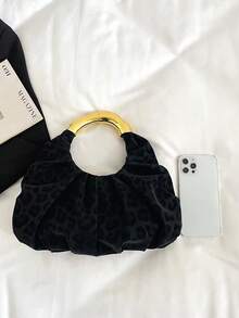 Dedoo 新款時尚百搭耐用女款豹紋PU大容量單肩包，抓皺軟手提包，金色手柄，輕盈優雅派對約會晚宴包 - 黑色 - 查看 11