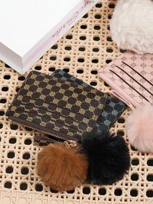 Women's Presbyopia Printed Credit Card Storage Wallet With Zipper Closure, Adorned With A Delicate Pom-Pom, Suitable For Portable Use - Black - View 4