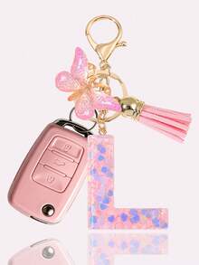 Women's Fashion Initial Keychain With Cute Butterfly Tassel Sequin Resin Letter Key Ring Pendant, Backpack Wallet Handbag Car Key Chain Charm, Valentine's Day Gift For Girlfriend - Pink - View 7