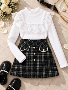 Autumn/Winter Girls Fashion Sweet Lace Ruffle Collar Ribbed Knit Long Sleeve Stand Collar Top & Elastic Waist Textured Pearl Button Skirt 2 Pieces Set - Black and White - View 2