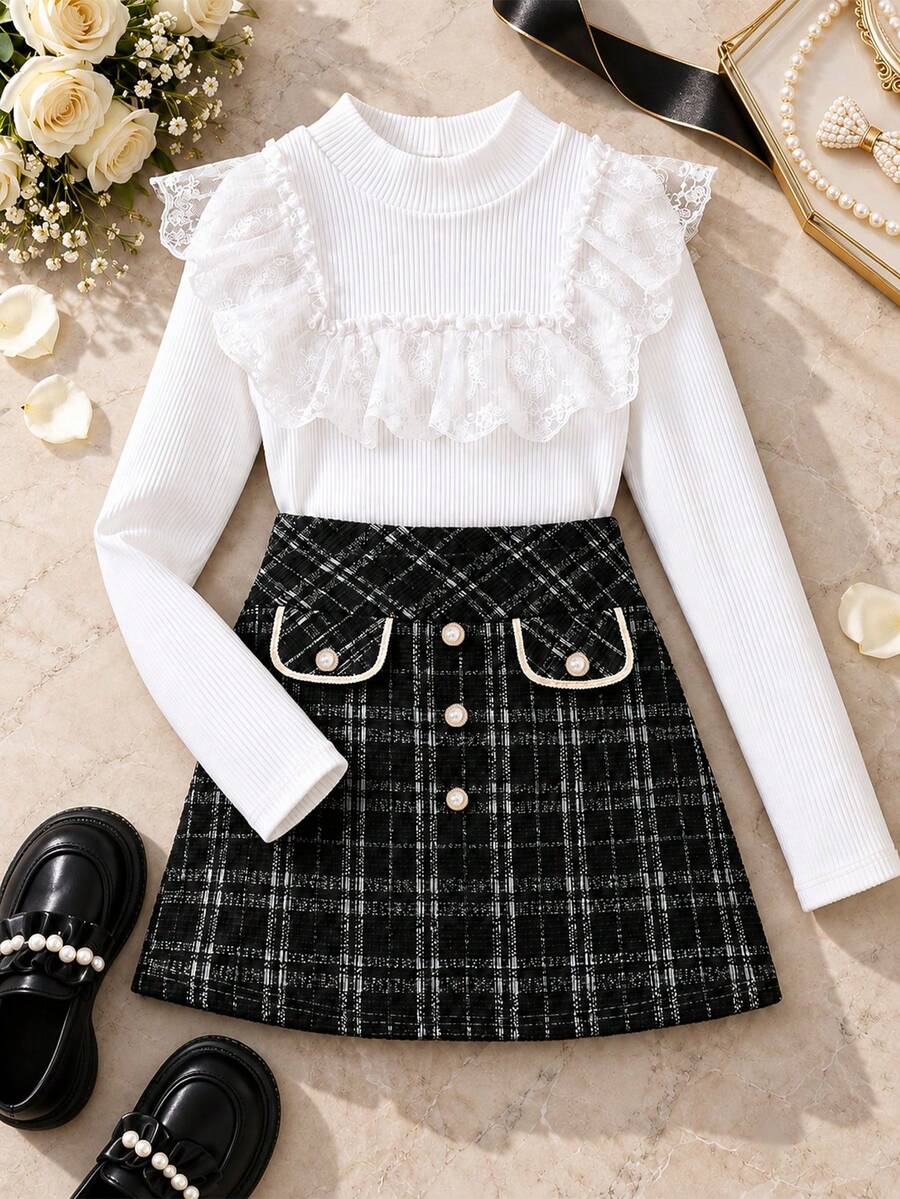 Autumn/Winter Girls Fashion Sweet Lace Ruffle Collar Ribbed Knit Long Sleeve Stand Collar Top & Elastic Waist Textured Pearl Button Skirt 2 Pieces Set - Black and White - View 1
