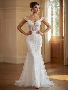 Wedding Dress, Ethereal Sheer Lace Mermaid Wedding Gown, Lace-Up Back, Sparkling Beaded Tulle Ballgown, Suitable For Wedding Guests And Evening Parties - White - View 5