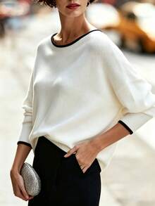 Women's Elegant Long Sleeve Knit Top With Large Scoop Neck, Contrast Trim And Dropped Shoulder Design, Suitable For Autumn Wear - White - View 3