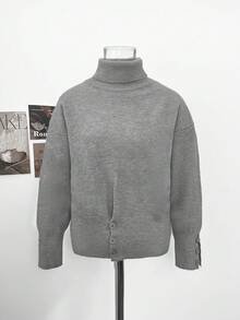 Women's Minimalist Commuter Style Solid Color High Neck Button Hem Drop Shoulder Long Sleeve Slim Fit Waist Soft Knit Sweater, Autumn/Winter - Grey - View 6
