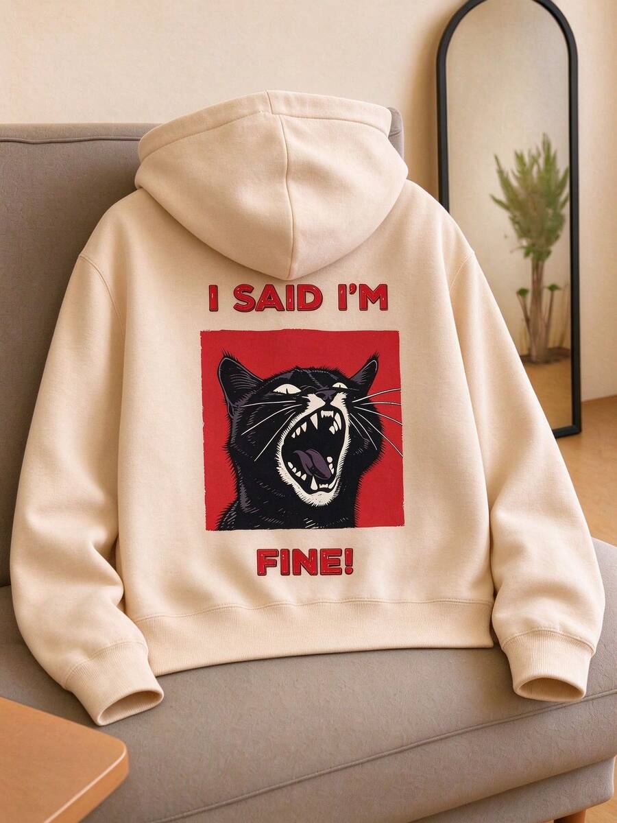 Front And Back Double Print Grumpy Black Cat Slogan Sweatshirt, Dark Style Cute Pet Print Sweatshirt, Cynical Quirky Vibe Daily Layering Top Fall - Apricot - View 1