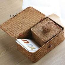 1pc Vintage Straw Woven Storage Box With Lid, Bear Decoration, Handmade Woven Organizer Bin For Bedroom Desktop, Cosmetics And Sundries, Home Decor - Multicolor - View 7