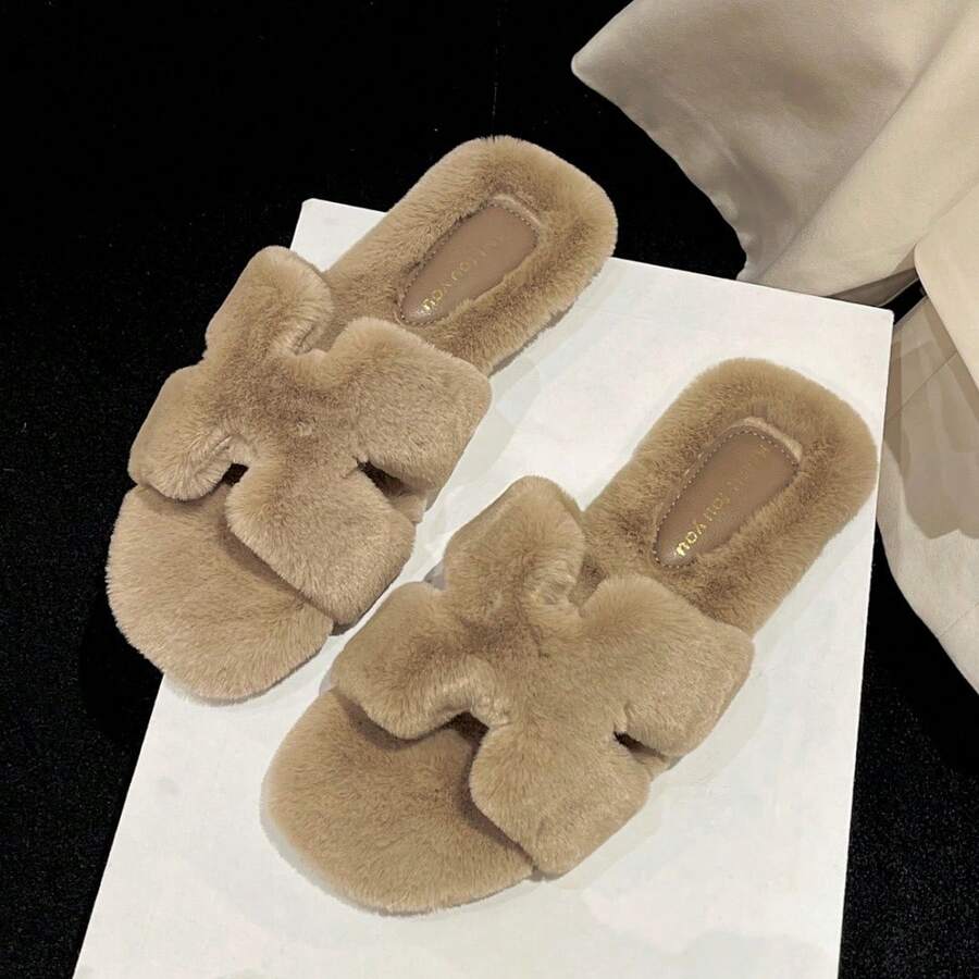 Women's Khaki Flat Open Toe Fuzzy Slippers, Autumn/Winter New Low Heel Plush Slippers, Beach Fine Fur Home Slippers, Lightweight Comfortable Warm Fuzzy Slip-On Open Toe Open Back Slippers