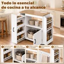 HOMCOM Carrito de Cocina con Ruedas y Estación de Carga, Carro de Cocina Rodante con Armario, Organizador Extraíble, Especiero y Barra de Toallas para Comedor o Salón, 80x40x88 cm, Blanco - Blanco - Ver 3
