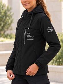 AODSR Women's Black Hooded Jacket With Multiple Zip Pockets, Drawstring And Letter Print, Long Sleeve Zip Front Outerwear - Black - View 2