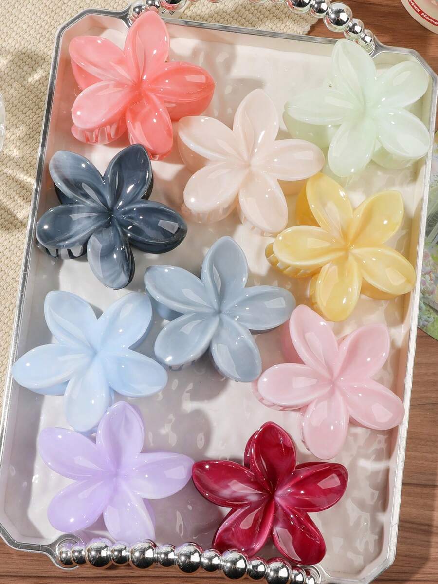 10pcs Candy Color Marble Pattern Soft Gradient Plumeria Hair Claw Jelly Translucent Texture Bohemian Beach Vibe Side Updo Hair Accessory - Multicolor - View 1