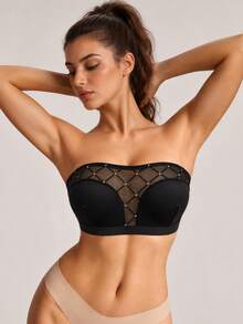 Women's Shiny Fabric Patchwork Comfortable Strapless Bra, Elegant Sexy Bandeau Lingerie - Black - View 6