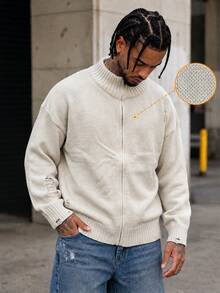 BLACKTOEXIT Men's Half-High Neck Zipper Knit Cardigan, Distressed Ripped Design, Beige Loose Fit Dropped Shoulder American Vintage Long Sleeve Sweater Jacket - Apricot - View 2