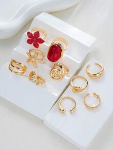10pcs Simple Fashion Faux Pearl Flower Starfish Faux Shell Metal Asymmetrical Geometric Pattern Stacked Ring Set For Women, Vacation, Date, Gift, Daily Casual, Party, Wedding - Red - View 5
