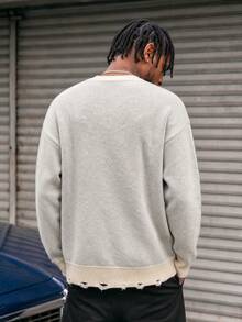 BLACKTOEXIT American Street Style Skull Bone Hand Pattern Men's Knit Sweater, Distressed Hem Loose Fit Crew Neck Pullover Casual Sweater For Autumn/Winter - White - View 4