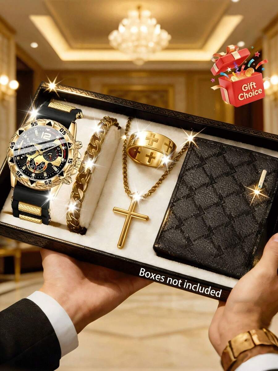 Aksesori Keren, Set Jam Tangan Multifungsi Serba Emas + Perhiasan + Dompet, Hadiah Serbaguna Premium untuk Bisnis Kasual, Cocok untuk Pacar, Saudara Laki-laki, Ayah, Ulang Tahun, Hari Jadi, Hadiah yang Berkesan, Kotak Kemasan Tidak Termasuk - Emas - View 1