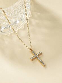 1pc Elegant Fashion Zinc Alloy Geometric Cross Pendant Necklace Suitable For Women's Daily Wear - Gold - View 3