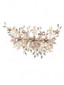1pc Faux Pearl Rhinestone Flower Bridal Hair Comb, Elegant Crystal Leaf Wedding Hair Piece Accessories For Bride Bridesmaid Prom - Gold - View 9