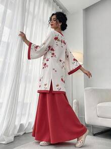 2pcs/Set Women's Suit, Chinese Style Red Placement Print Round Neck Flare Sleeve Cardigan & High Waist A-Line Skirt Summer - Red - View 1