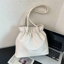 Men's Black Wrinkled PU Tote Bag, Large Capacity, Minimalist Commuter Shoulder Bag, Soft Texture, Drawstring Design, Versatile Handbag For Daily Travel - Multicolor - View 12