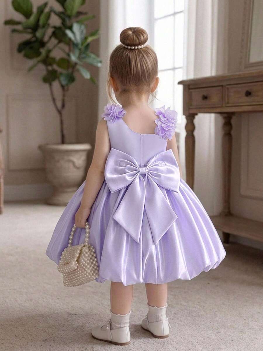 Baby Girls Asymmetrical Shoulder Bow Lace Lily Satin Cute Party Princess Flower Bud Dress, Suitable For Girls 0-3 Years Old Birthday Gift, Banquet, School, Stage, Party - Mauve Purple - View 1