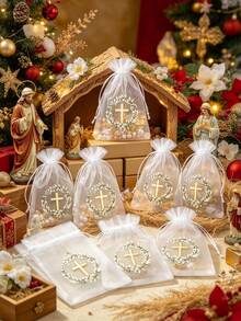 1/5/10pcs Baptism Gift Bags, Drawstring Closure, 4x6 Inch Religious Gift Bags, Suitable For Baptism, First Communion, Christmas, Nativity Party Gifts, Cross Drawstring Closure (White & Greenery) - Multicolor - View 2