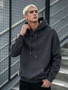Simple Studio | Men's Solid Color Drop Shoulder Long Sleeve Drawstring Pocket Casual Hoodie, Autumn/Winter, Back To School Season - Dark Grey - View 4