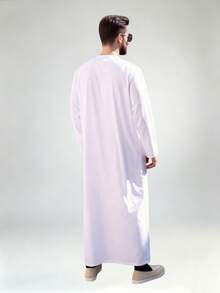 1pc V-Neck Printed Men's Traditional Arabic Robe, Saudi Arabian Traditional Clothing, Saudi Men's Robe, Men's Robe, Saudi Men's Pajamas, Men's Clothing, Dishdasha, Moroccan Men's Robe, African Traditional Clothing, Men's Halloween Costume, Suitable For Ramadan, Eid And Daily Wear - White - View 3