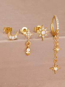4 Pieces New Style Cubic Zirconia Star And Moon Earrings Set 18K Gold Plated Cartilage Piercing Pendant Chain Stud Earring Jewelry - 1-gold-4PCS - View 2