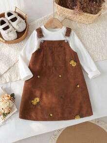 2pcs Girls Toddler Pastoral Mori Style Solid Color Round Neck Versatile Long Sleeve Top With Floral Embroidered Corduroy Adjustable Overall Dress Set, Spring/Autumn - Brown - View 3