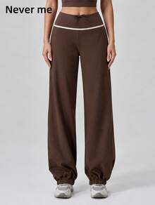 Never me Women's Sports Long Pants Yoga Pilates Loose Tapered Leg Drawstring Waist Design Patchwork Stripe - Dark Brown - View 2